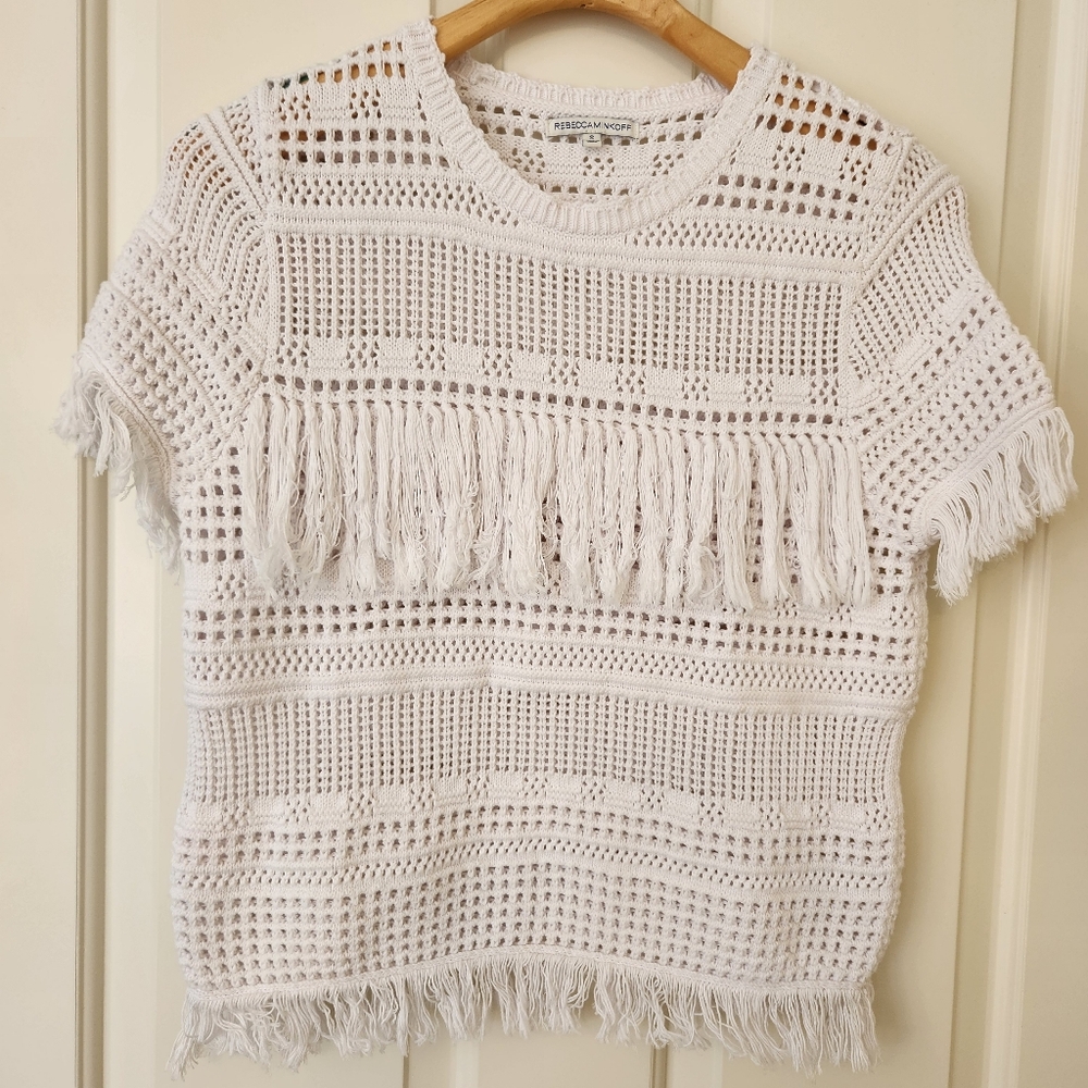 Rebecca Minkoff Crochet Fringe Cropped Knit Top Sweater Boho Hippie Indie Small